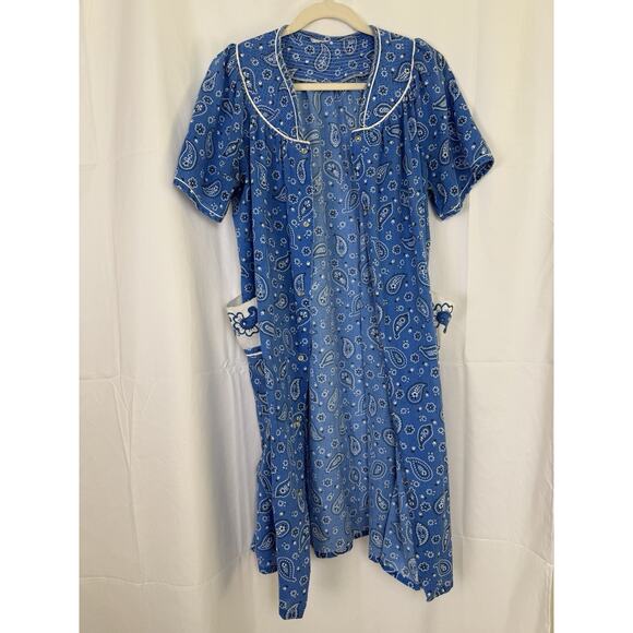 Vintage 70s Blue Paisley House Dress Embroidered Pockets Cowgirl Mini - Picture 5 of 9